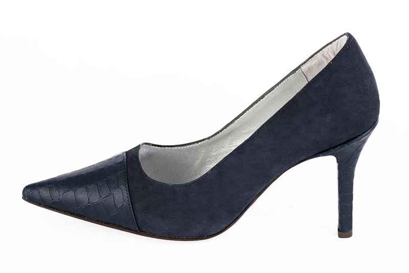 Navy blue women's dress pumps,with a square neckline. Pointed toe. High slim heel. Profile view - Florence KOOIJMAN